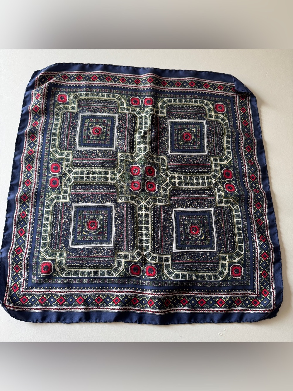 100% Silk scarf Geometric Navy and Red Patterned Women's Made In Italy 18”x19”